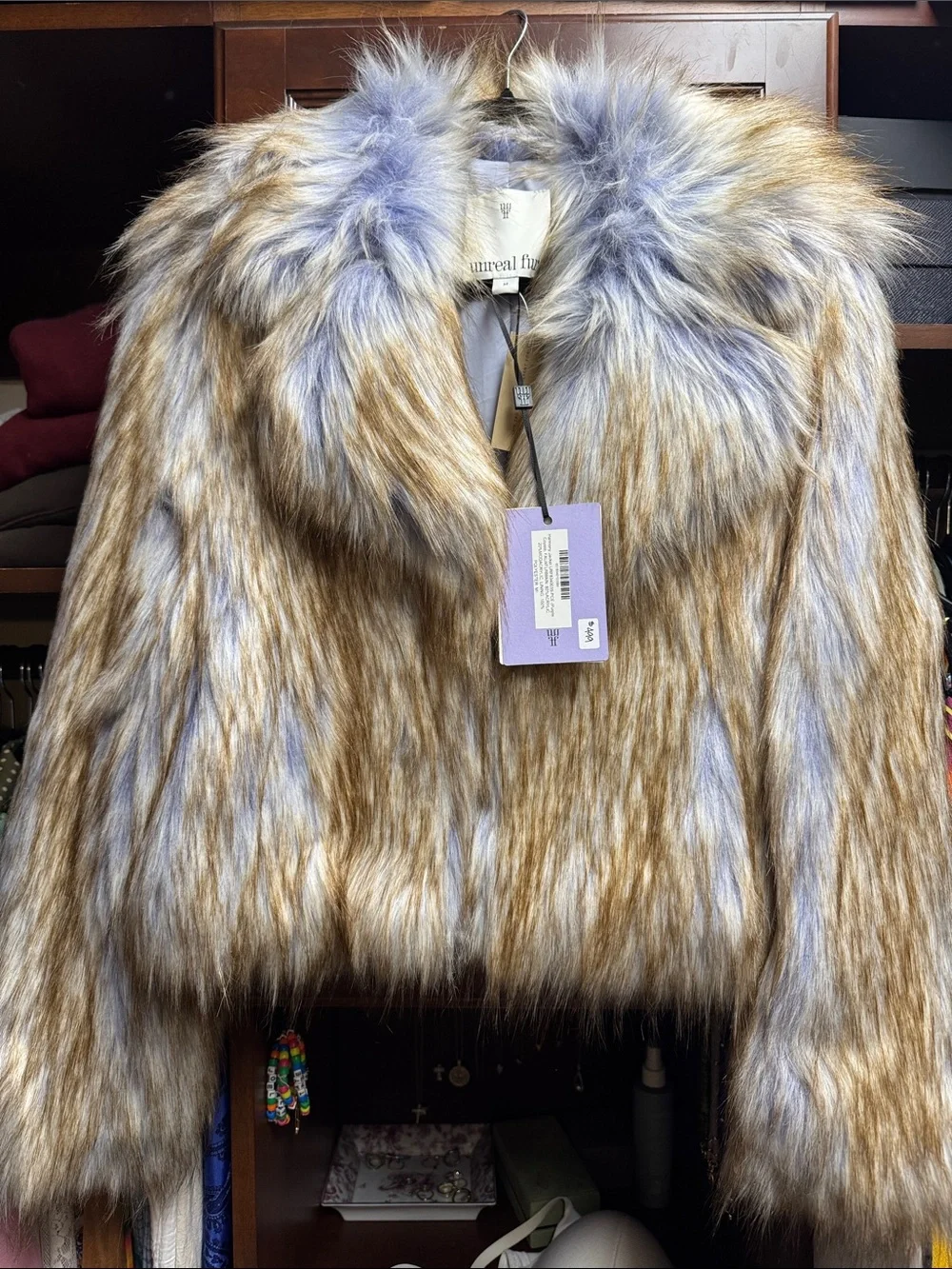 Unreal Fur Taupe and Lavender Faux Fur Cropped Coat - Picture 1 of 5